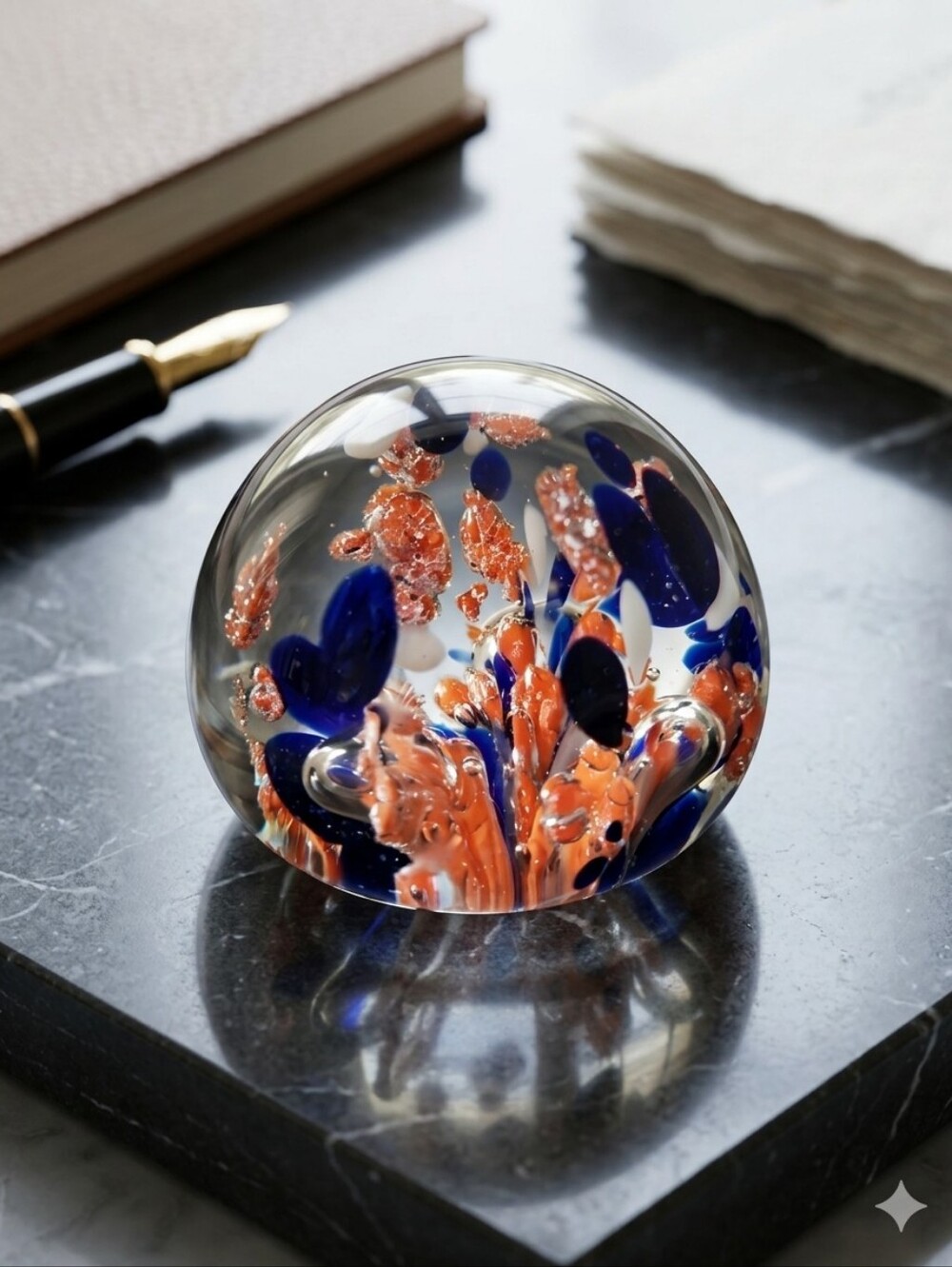 Vintage Art Glass Paperweight Navy Blue Coral Abstract Bubbles Design